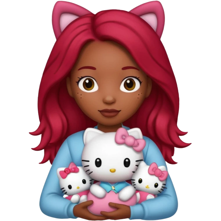 black woman with long brown and red hair, holding a hello kitty plushie  emoji