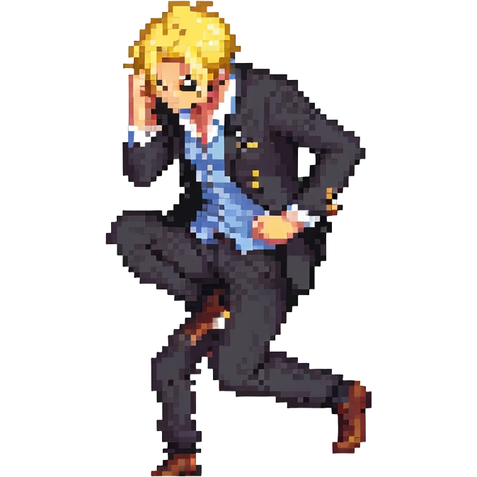 Sanji from One Piece, pixel art style, angry, curly eyebrow, blond hair, black suit, side view, kicking pose emoji