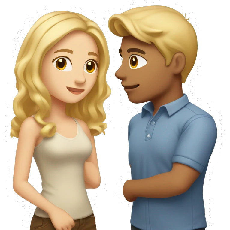 Create a kissing couple a guy with blond hair, a jock with short hair, sideways hair, a girl with honey-colored hair with styling, both have brown eyes emoji