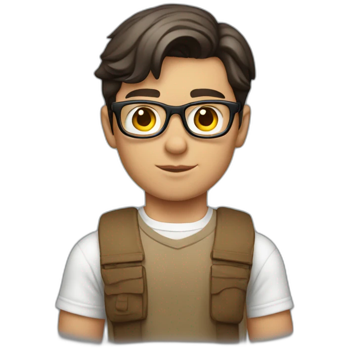 front view of young clark kent wearing white t-shirt using a laptop emoji