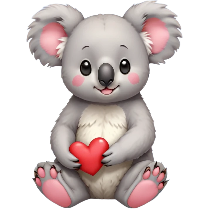 An anime-style koala sitting upright with a derpy, confused expression on its face. Its big round eyes are slightly crossed, giving it a spaced-out, clueless look. Its mouth is slightly open with a little string of drool dripping from the corner. The koala’s ears are fluffy and oversized, flopping a bit to the sides. Its head is slightly tilted as if it just forgot what it was doing. It's holding a small, bright red heart with both paws, but it's gripping it awkwardly, like it doesn’t really know why it’s holding it. The overall vibe is super goofy and adorable – a mix of innocent confusion and cartoonish charm. The background could be simple or dreamy, maybe with soft pastel colors or floating question marks around its head to add to the derpy atmosphere. emoji