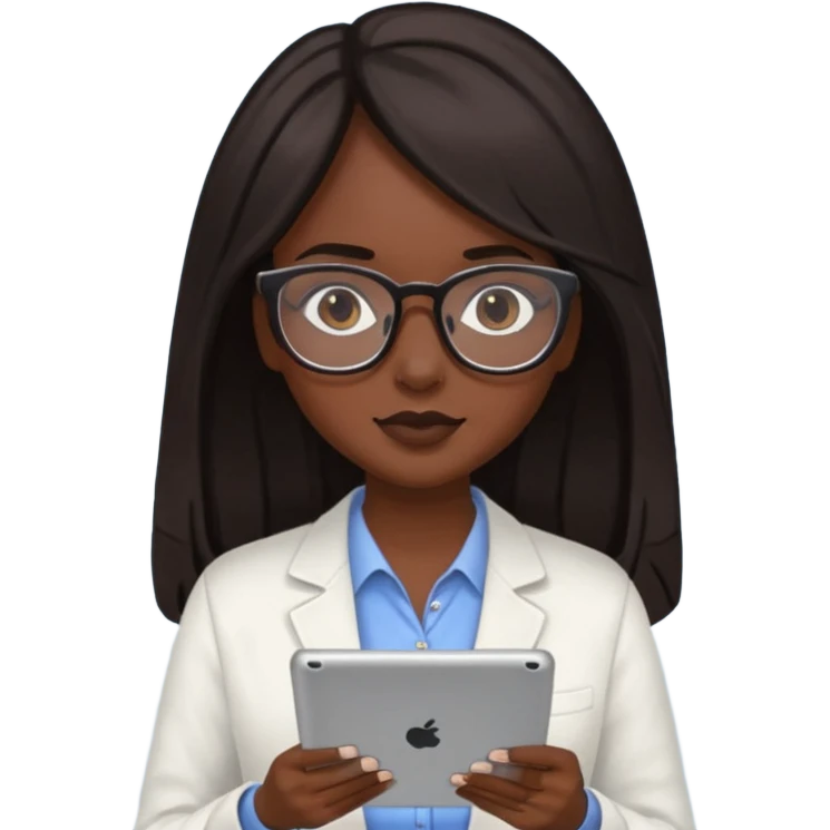 Yo, una chica de piel morena de pelo largo oscuro con lentes para ver, con la tablet trabajando  emoji