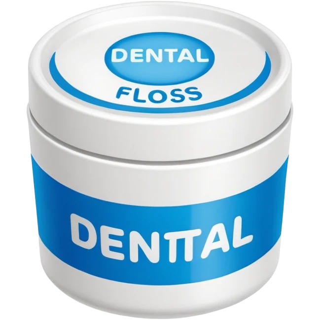 A small round plastic container with the phrase  "dental floss" on it emoji
