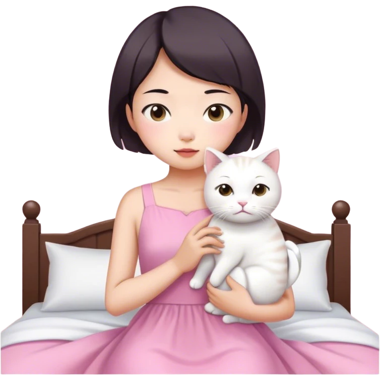 Short hair Asian girl wake up with white cat in pink dress  emoji