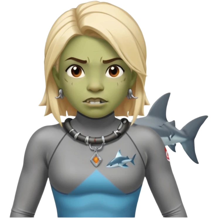 orc female in rescue tube, scanning horizon. Rash guard, shark tooth necklace emoji