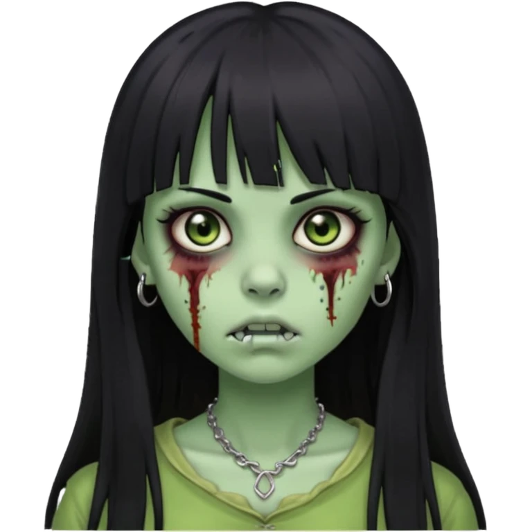 Zumbi girl pretty and Long, straight black hair with bangs, With a nose piercing emoji