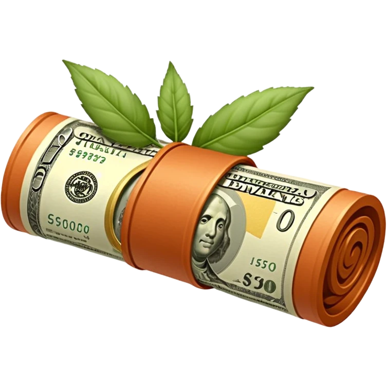 Una miniatura fotorrealista de un billete de cien dólares enrollado elegantemente con un hilo de oro brillante y un pequeño acento de hoja de salvia. Fondo terracota. Estilo: lujo financiero y orgánico emoji