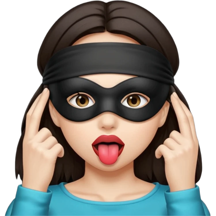 woman with dark brown hair wearing black blind fold completely covering her eyes. tongue out emoji