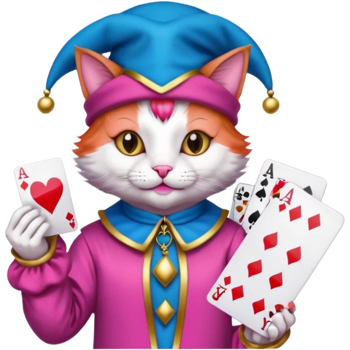court jester cat medieval, poker card ace, pink and blue emoji