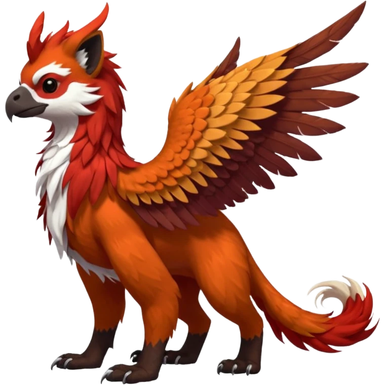 4-legged realistic scaly winged long-big-beaked Gryphon-Griffin-Griffsnuff-Talonflame-Silvally-Braviary-Red-Panda-fusion-hybrid-animal-Fakémon-creature, full body, with a long thin tufted lion-tail, long tufted winged feathery ears emoji