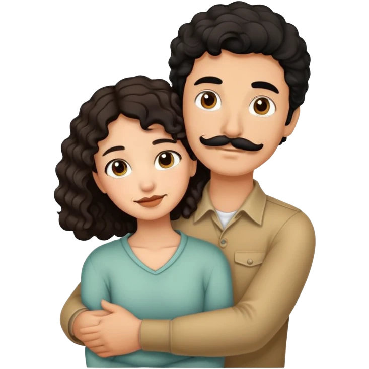 Short brown hair girl curly long hair hugging tall black hair boy with mustache  emoji