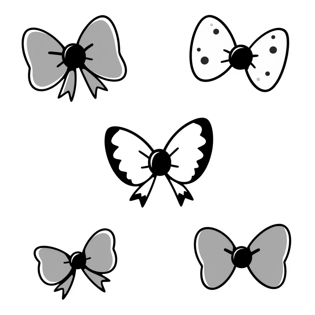 cute bows in various shapes and sizes in pastel colors dd9fb0, ffc6d3, a3bfc9, c4bee2, f1b091, hand-drawn doodle style emoji
