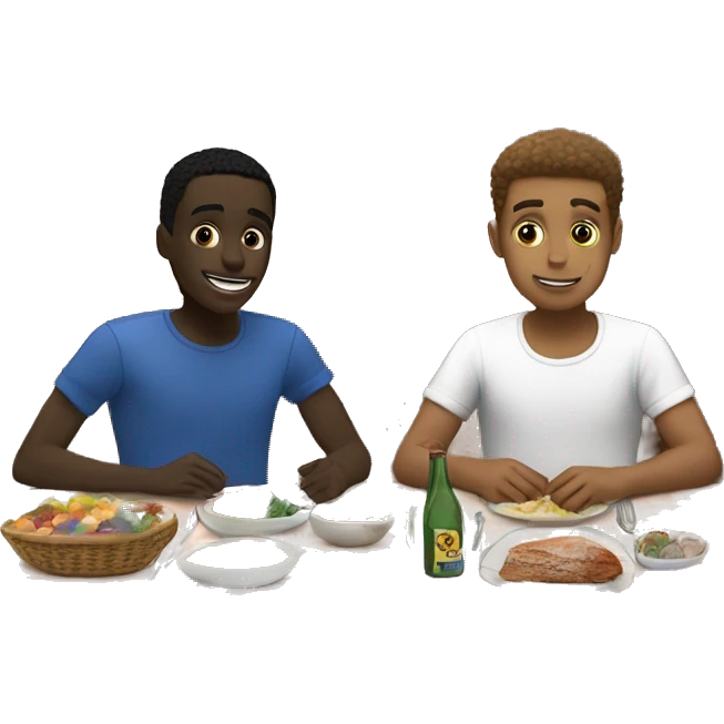Gay couple, one black boy, one white boy, eating at a dinner table ￼ emoji