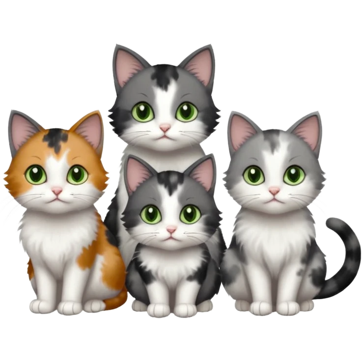3 different coloured small cats including a dark grey and white, and a patchy calico with hazel eyes and a completely solid dark grey with green eyes and only white paws emoji