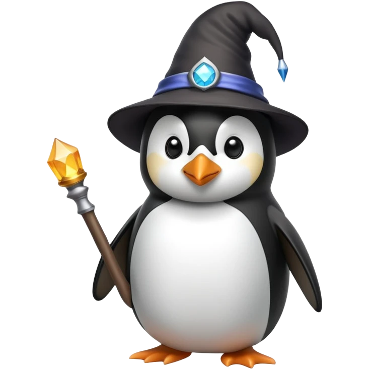 Penguin wearing a wizard hat and holding a magic wand emoji