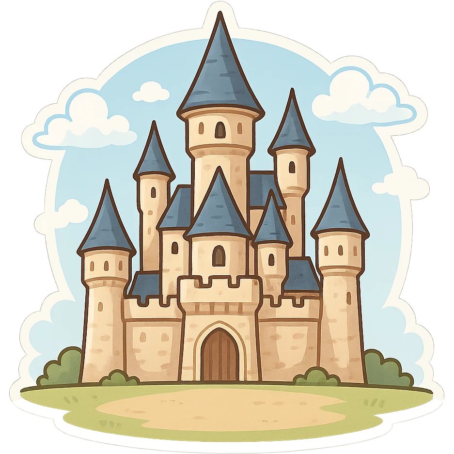 一个欧洲西方世界的奇幻城堡，前景有一片空地，蓝天白云 emoji