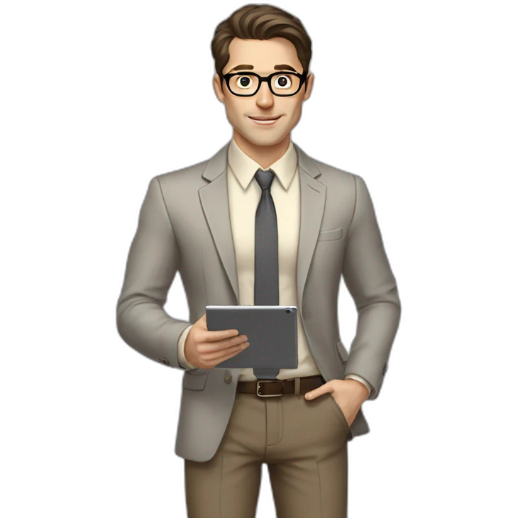 Pale skinned fit man with dark brown hair in gray jacket, beige office shirt, brown tie, brown pants and vintage glasses Writing on the tablet emoji