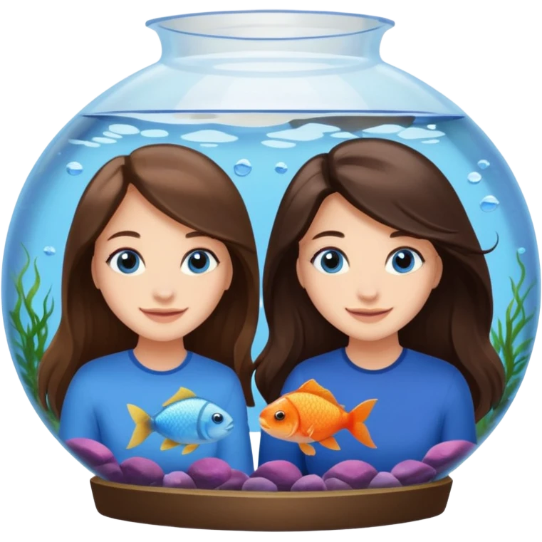 two brunette girls long hair blue eyes in an aquarium looking at fish on a daye emoji