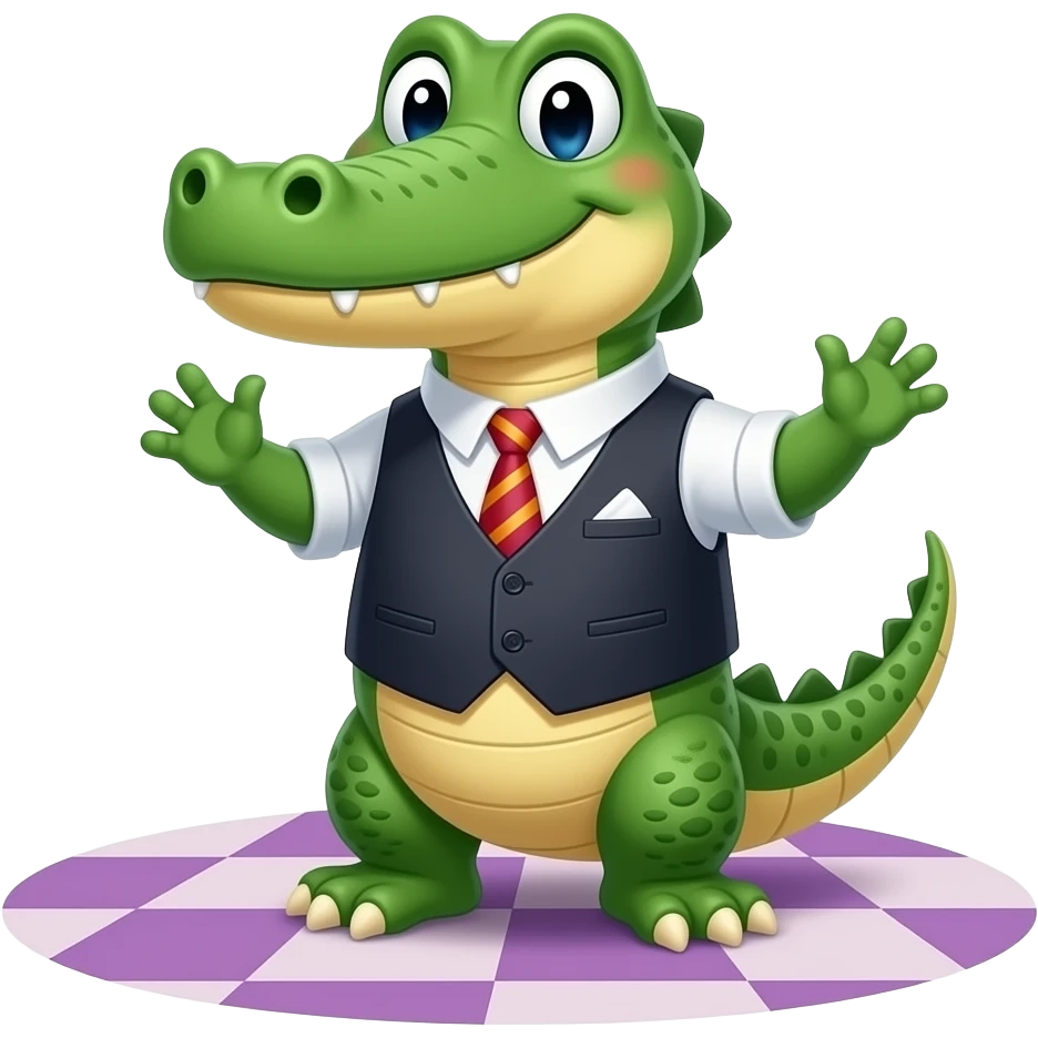 Cute alligator wearing a vest and tie at a party emoji