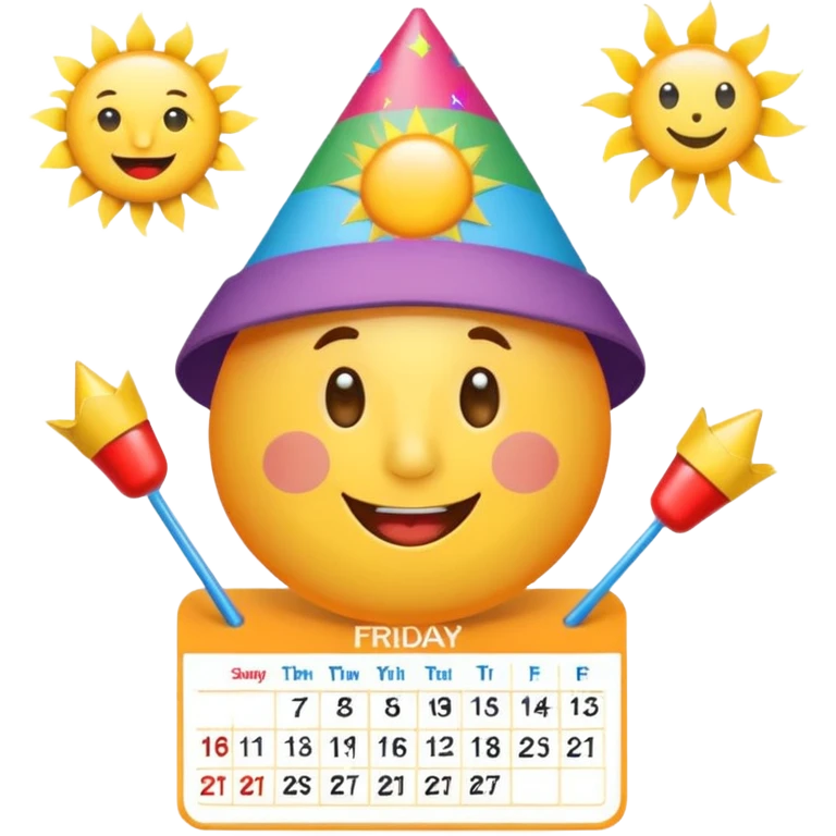 calendar showing Friday with party hat and sun, symbolizing 'Good morning and happy Friday, team!' celebration emoji