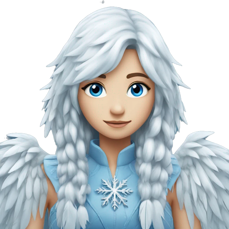 big wings, silver, feather, icy ,snowflake, Beautiful, fairy, long hair, blue eyes emoji