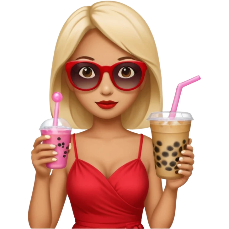 Female in red dress, holding bubble tea, wearing sunglasses emoji