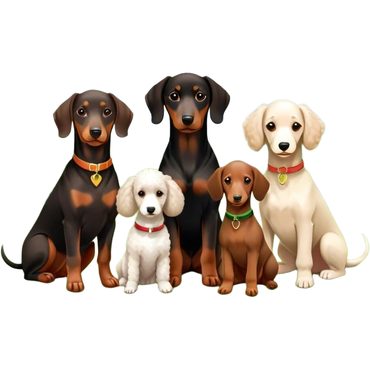 Close-up of a Doberman Pinscher, a Dachshund and a Poodle sitting together on lush green grass. The background features a beautiful, serene nature view with rolling hills and bright blue skies. The dogs' sleek coats shine under the sun. Transparent background. emoji