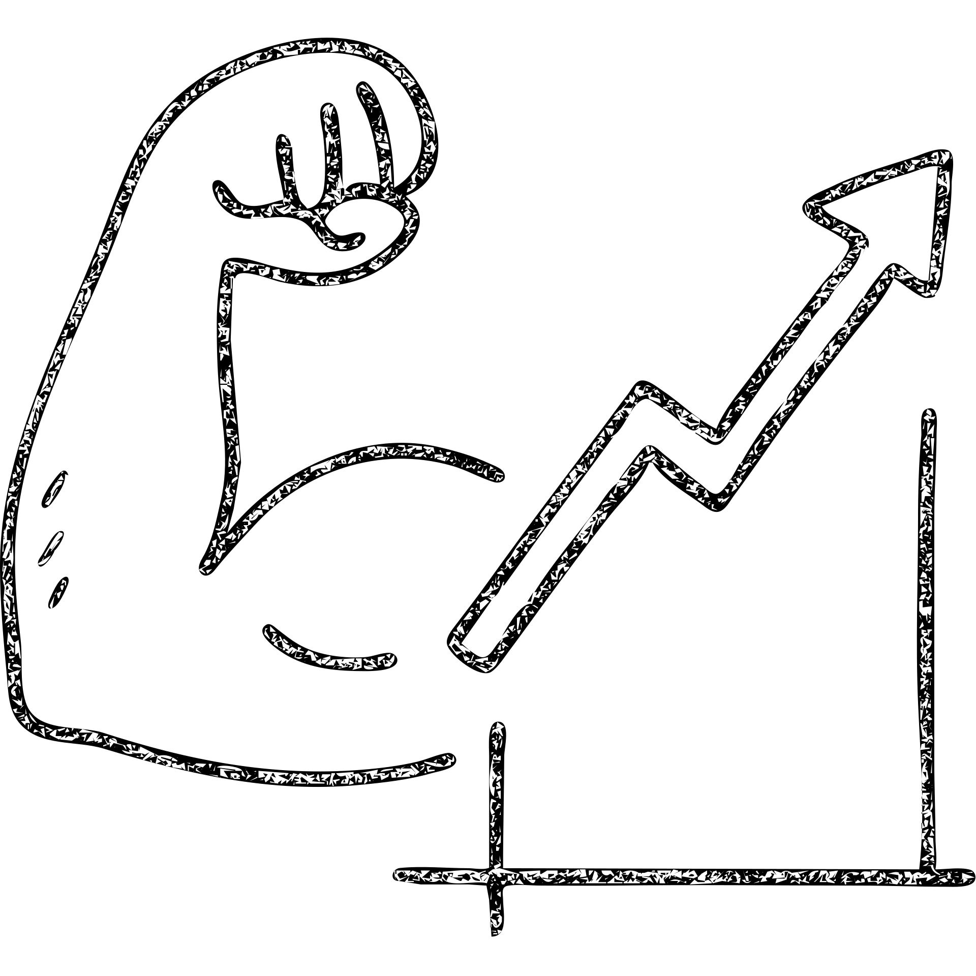 hand-drawn outlined icon of a flexed arm and an upward trending graph, showing improvement emoji