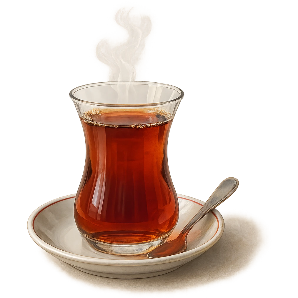 traditional Turkish tea glass with hot tea, tulip-shaped, on a small saucer, with a teaspoon, steam rising, iconic look, detailed, realistic emoji