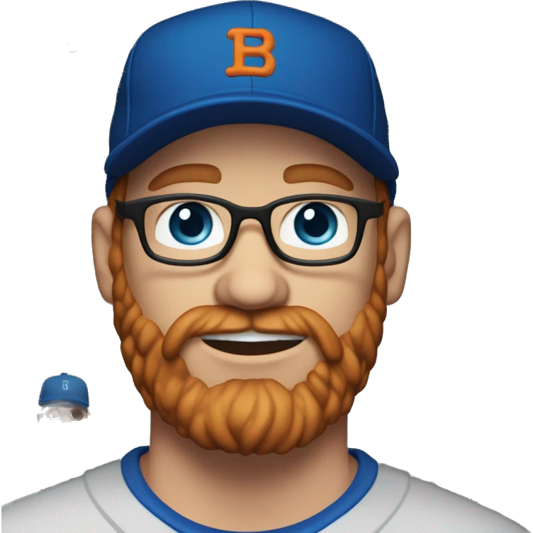 35 year old, male, short curly red hair, pale, thick beard, blue eyes, glasses, black shirt, blue baseball hat emoji