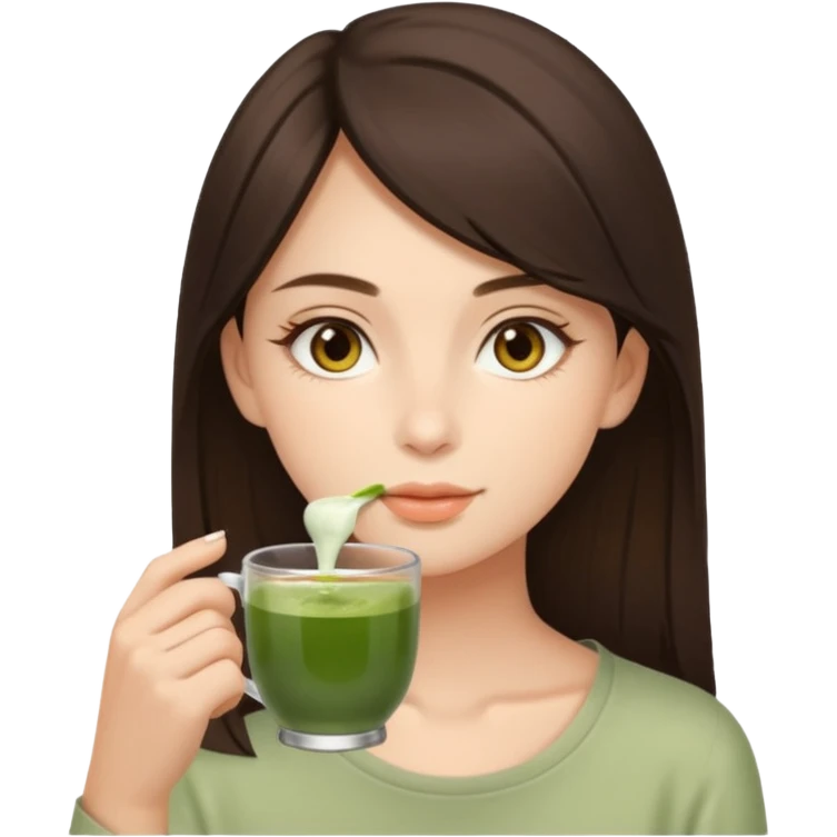 beautiful brunette , with light brown eyes (let's call her kami), sipping matcha emoji