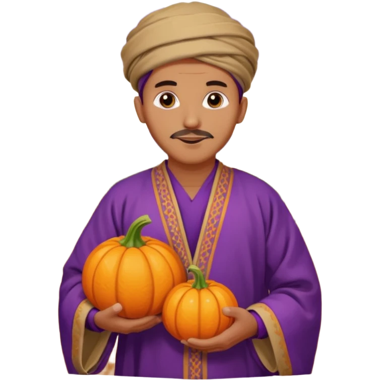 Tan Moroccan man sitting holding with pumpkin and purple grapes in countryside  emoji
