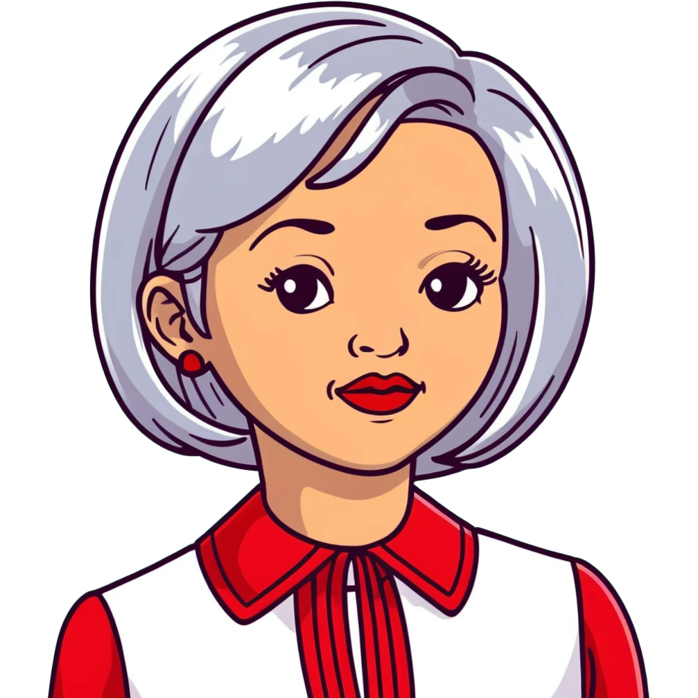 Elegant Hispanic senior woman, 70s, with silver bob haircut, bright complexion, marked cheekbones, almond-shaped hazel eyes, wearing red lipstick and a red structured collar blouse emoji