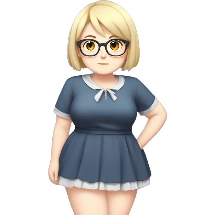 Chubby anime girl with glasses and short blond hair, full body wearing cute dress emoji