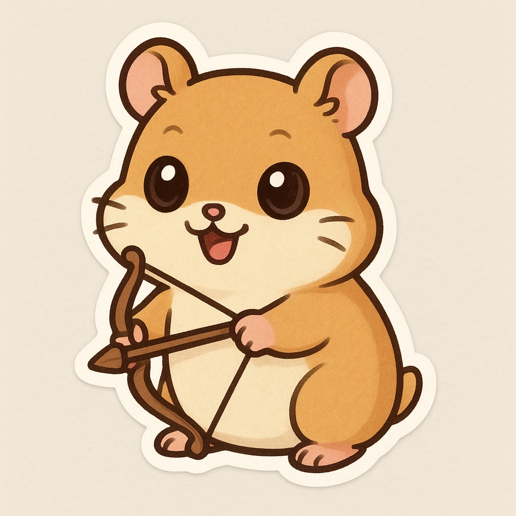stylized hamster with big eyes, holding a bow, cheerful vibe emoji