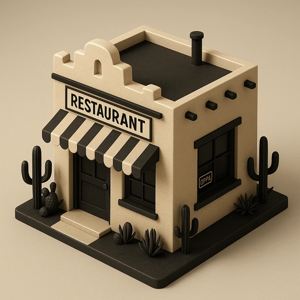 isometric exterior of a little southwestern restaurant, black, beige, and white color palette, dollhouse style, 3D realistic emoji