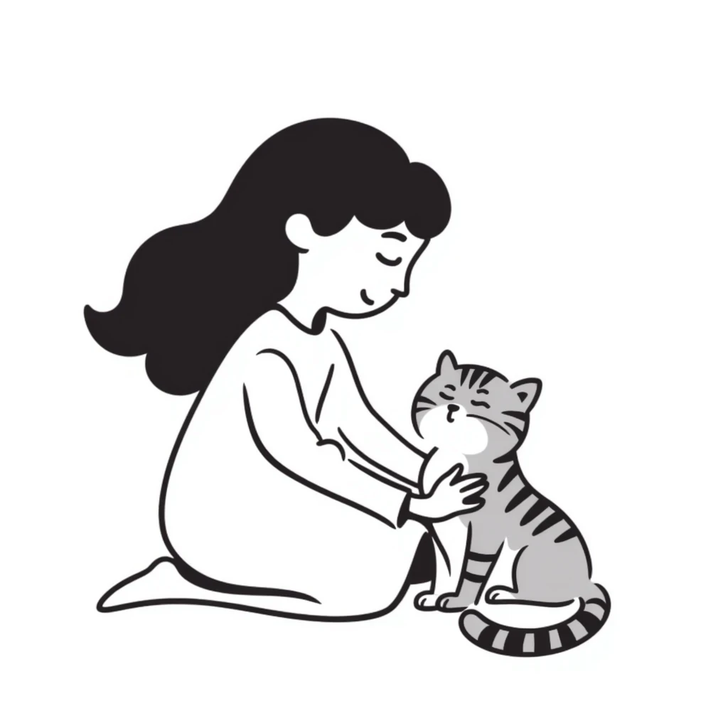 Beautiful girl with long black hair sitting with a gray and blonde mixed cat emoji