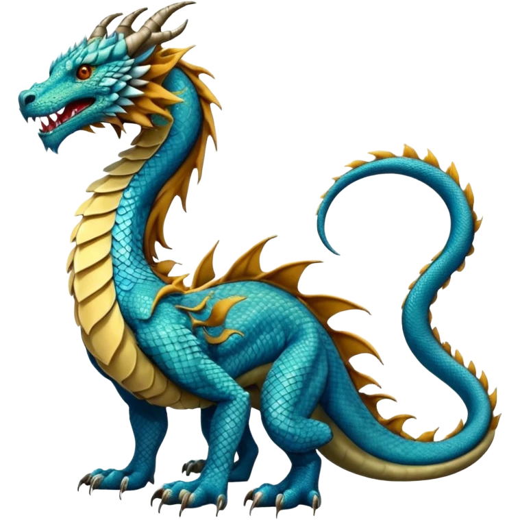 Mušḫuššu, official blueprint: long scaled dragon-serpent body, lion forelegs with feline paws, bird-like hind legs with talons, long neck, dragon head with horn or crest, lizard tail, blue or turquoise, lion-like mane, ancient and regal but terrifying emoji