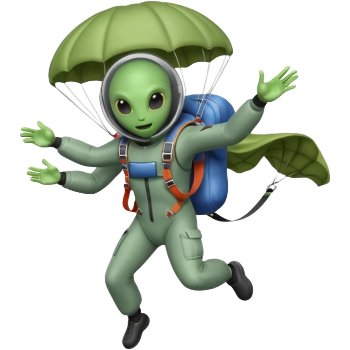 Skydiving alien with parachute and UFO emoji