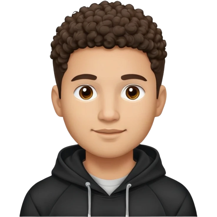 Latino man with light brown warm skin, round face, full cheeks, soft jaw, slight friendly smile, very short fade haircut, curly on top, medium eyebrows, medium eyes, straight nose, medium lips, black hoodie with white logo, practical and hardworking vibe emoji
