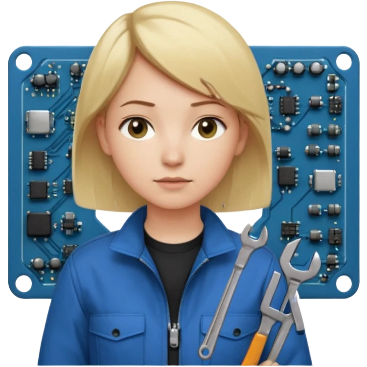Calm and independent female engineer, fair skin, short straight blonde hair tucked behind the ears, neutral but focused expression, wearing a fitted blue utility jacket over a black crew-neck top, holding a small wrench in one hand and a circuit board in the other, waist-up, front-facing emoji