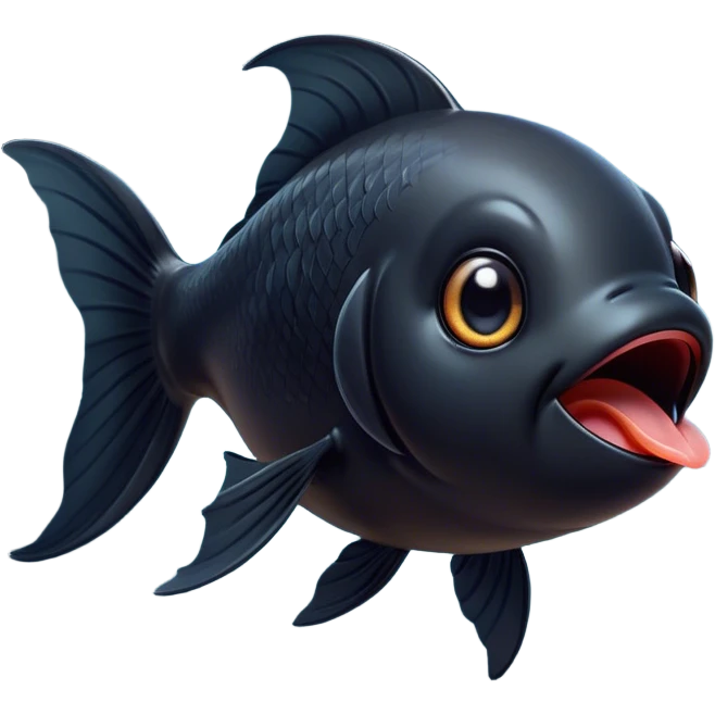 Cinematic Cute Yawning Black Goldfish Portrait Emoji, Head tilted slightly with a dramatic, wide-open yawn, showcasing a smooth, deep black body with elegant, flowing fins, eyes barely open in drowsy contentment, Simplified yet irresistibly adorable features, highly detailed, glowing with a soft, cozy glow, high shine, relaxed yet expressive, stylized with a touch of whimsy, bright and endearing, soft glowing outline, capturing the essence of a sleepy yet affectionate goldfish, so drowsy it feels like it could float out of the screen and curl up for a nap! emoji