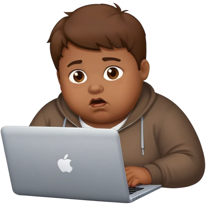 fat brown kid with brown hair using laptop drooling with stupid expression emoji
