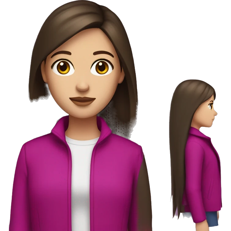 white girl with brown eyes, long straight dark brown hair, curtain bangs, and a magenta jacket emoji