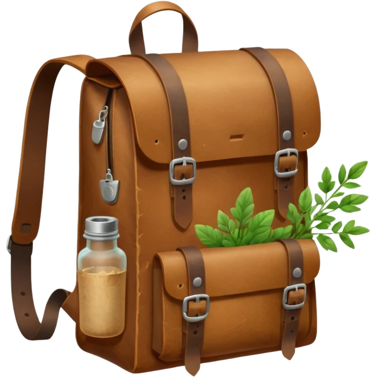 A sturdy, weathered leather backpack with metal-reinforced flaps. A rolled parchment and fresh herbs stick out from its pockets, while a small corked bottle rests at the front. It looks practical, rugged, and ready for any journey. emoji