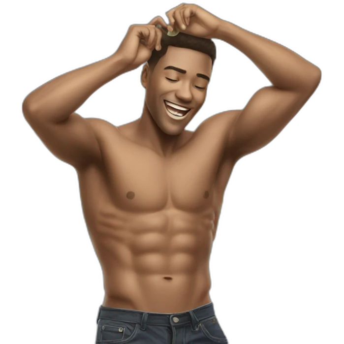 Shirtless guy dancing under raining money  emoji