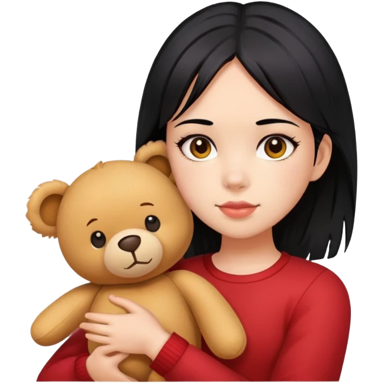 黑色头发 红色挑染部分，黄色皮肤，女孩，棕色泰迪小狗 emoji