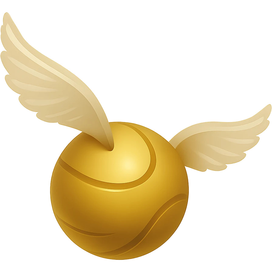 Create a golden snitch exactly like the reference image in shape, color, and style. Use the Color Filled style with no outlines, only sharp shadows and highlights. The background should be transparent. Convey a magical atmosphere in the design. emoji