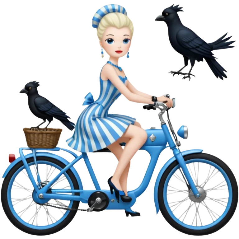 1920s coal hair hotrod Silkstone Marie Antoinette Morticia Addams Barbie Wednesday Addams from academy in a blue and black vertically-striped classic dress. riding matte black hot rod electric bikes with crows emoji