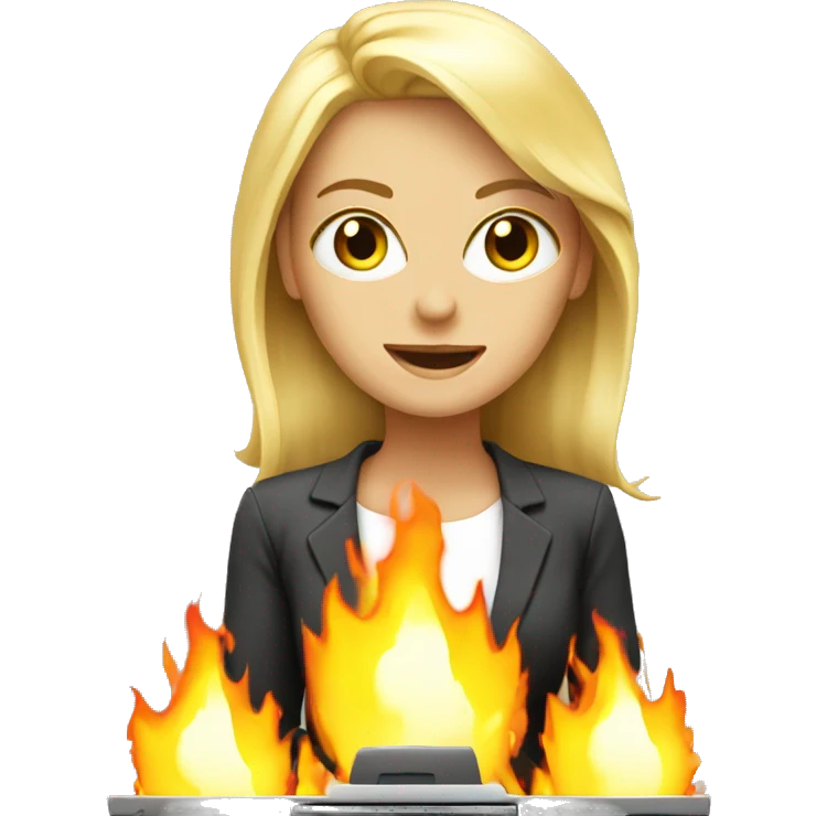 blond woman computer working, eyes fire emoji